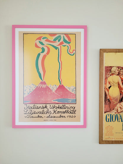 A vintage exhibition poster from Guido Balsamo Stella's show at Liljevalchs art gallery in Sweden in a pink frame