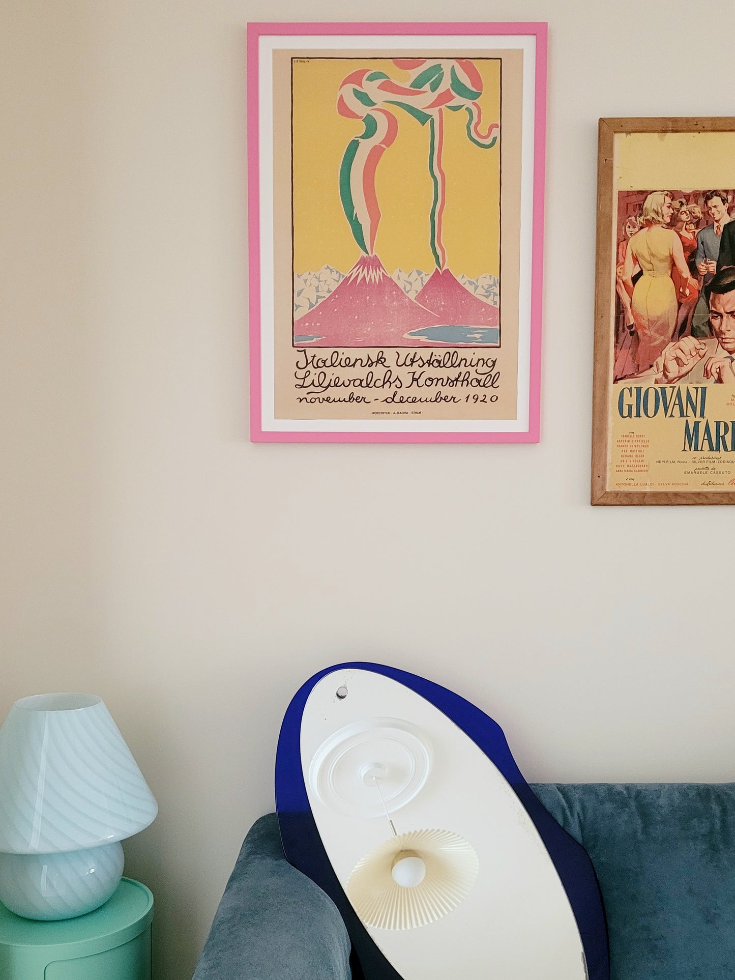 A vintage exhibition poster from Guido Balsamo Stella's show at Liljevalchs art gallery in Sweden in a pink frame