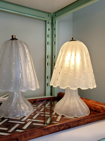 front view of a pair of vintage frosted Murano table lamps