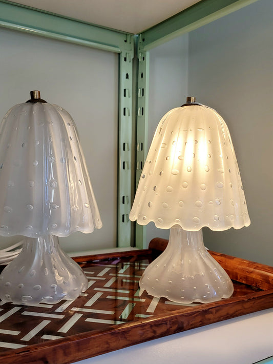 front view of a pair of vintage frosted Murano table lamps