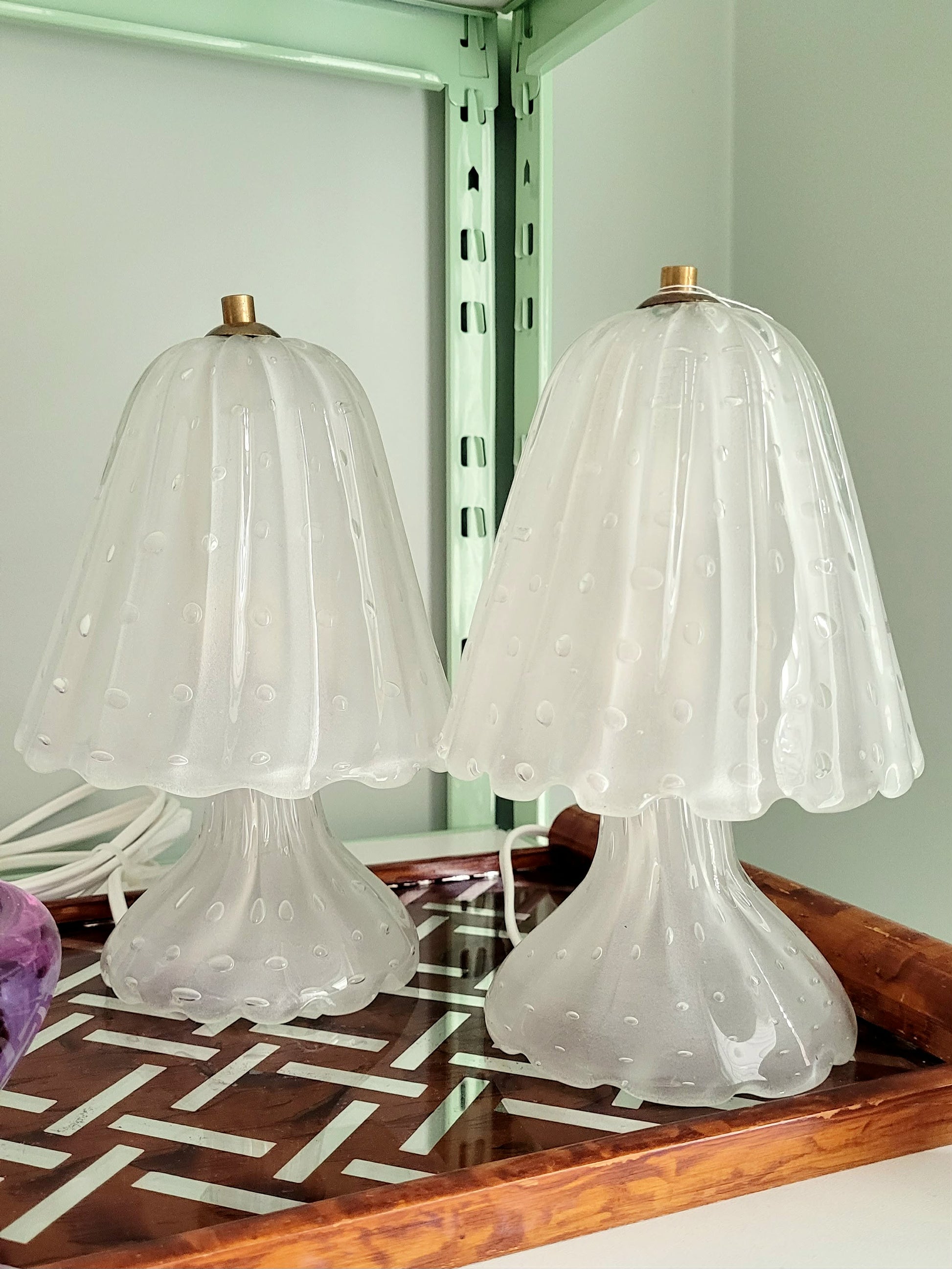 front view of a pair of vintage frosted Murano table lamps