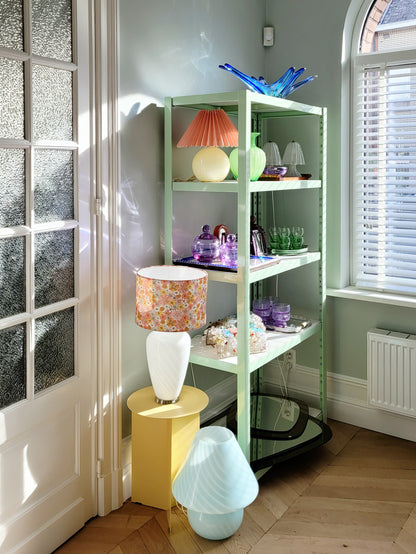 full view of a vintage Murano table lamp with white swirl and lovely floral lamp shade