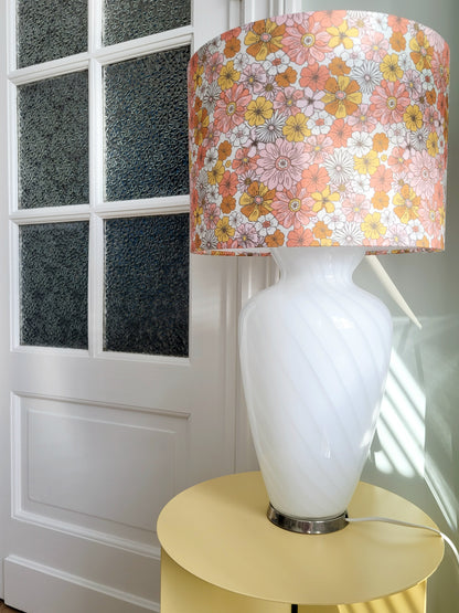 front view of a vintage Murano table lamp with white swirl and lovely floral lamp shade